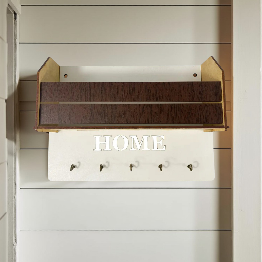 Ключниця настінна, полиця органайзер для ключів, дрібниць і аксесуарів, дерев'яна з 5 гачками, 24х17х7 см,колір білий, фото 1