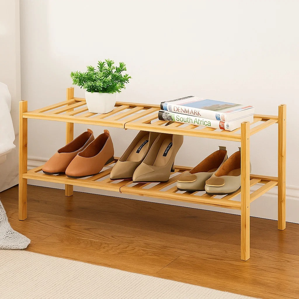 Полиця для взуття дерев'яна для будинку в гардероб або передпокій, двоярусна підлогова етажерка, фото 1