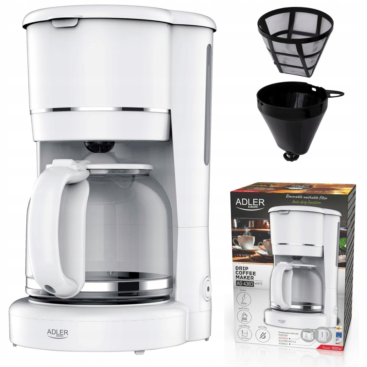 Кавоварка Adler AD 4383 white  — 1000 Вт, 1.25 л, фільтрова, автоматичне вимкнення, чорний корпус, фото 1
