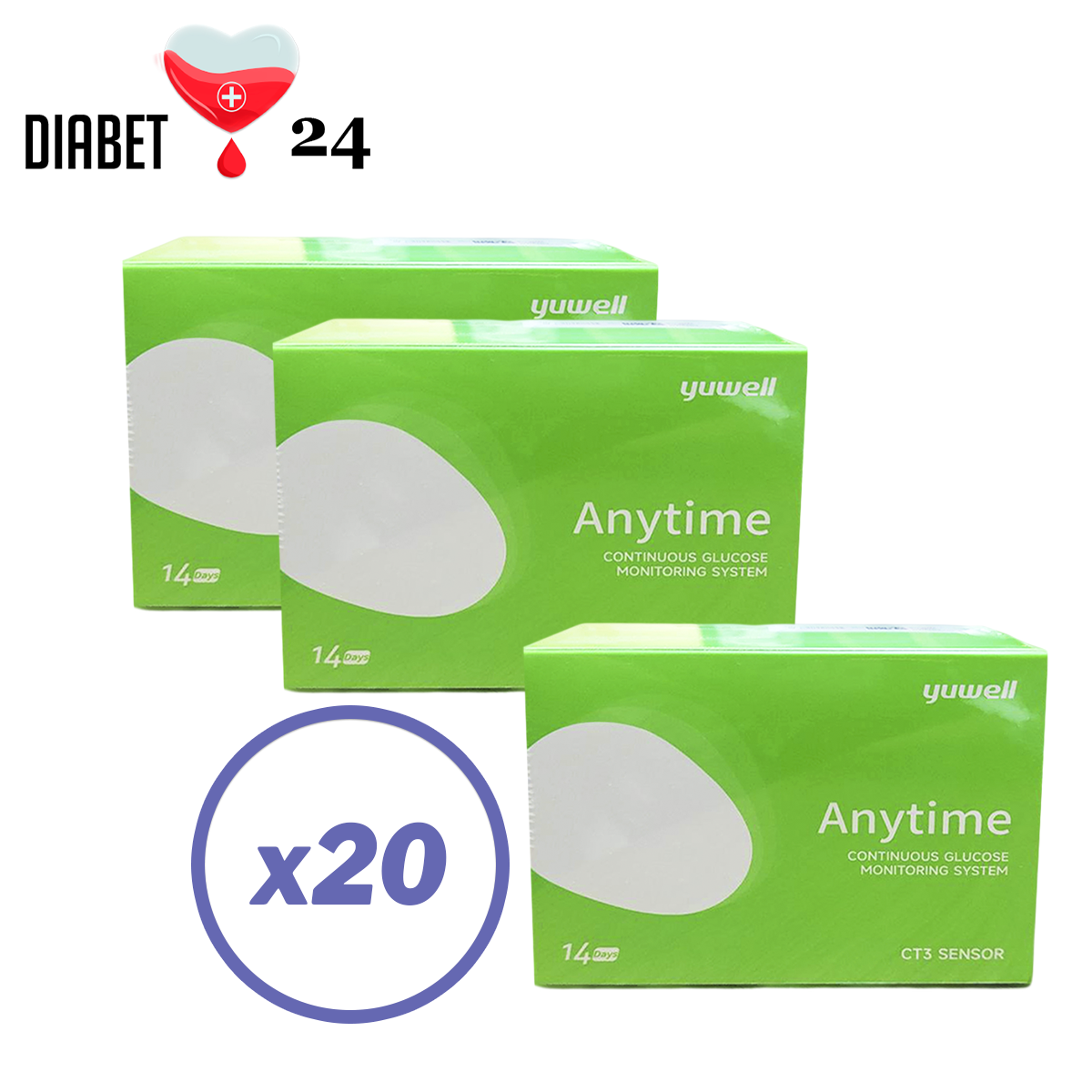Сенсор для системи безперервного моніторингу глюкози CGM Yuwell CT 3, 20 пак., фото 1