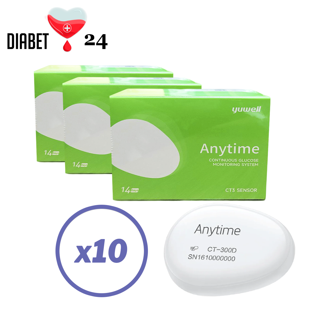 Сенсор для системи безперервного моніторингу глюкози CGM Yuwell CT 3 – 10 сенсорів + 1 трансмітер, фото 1