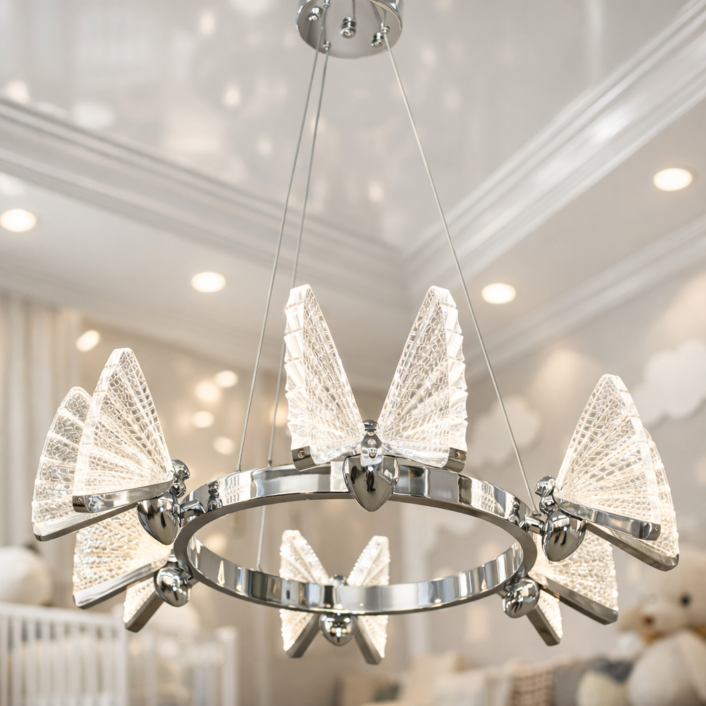 Люстра з метеликами підвісна в дитячу Diasha 24W до 8 м² колір Хром D805-6HR, фото 1