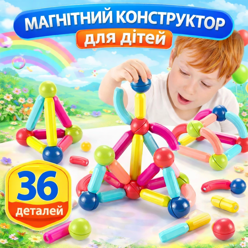 Дитячий навчальний магнітний конструктор 36 елементів, фото 1