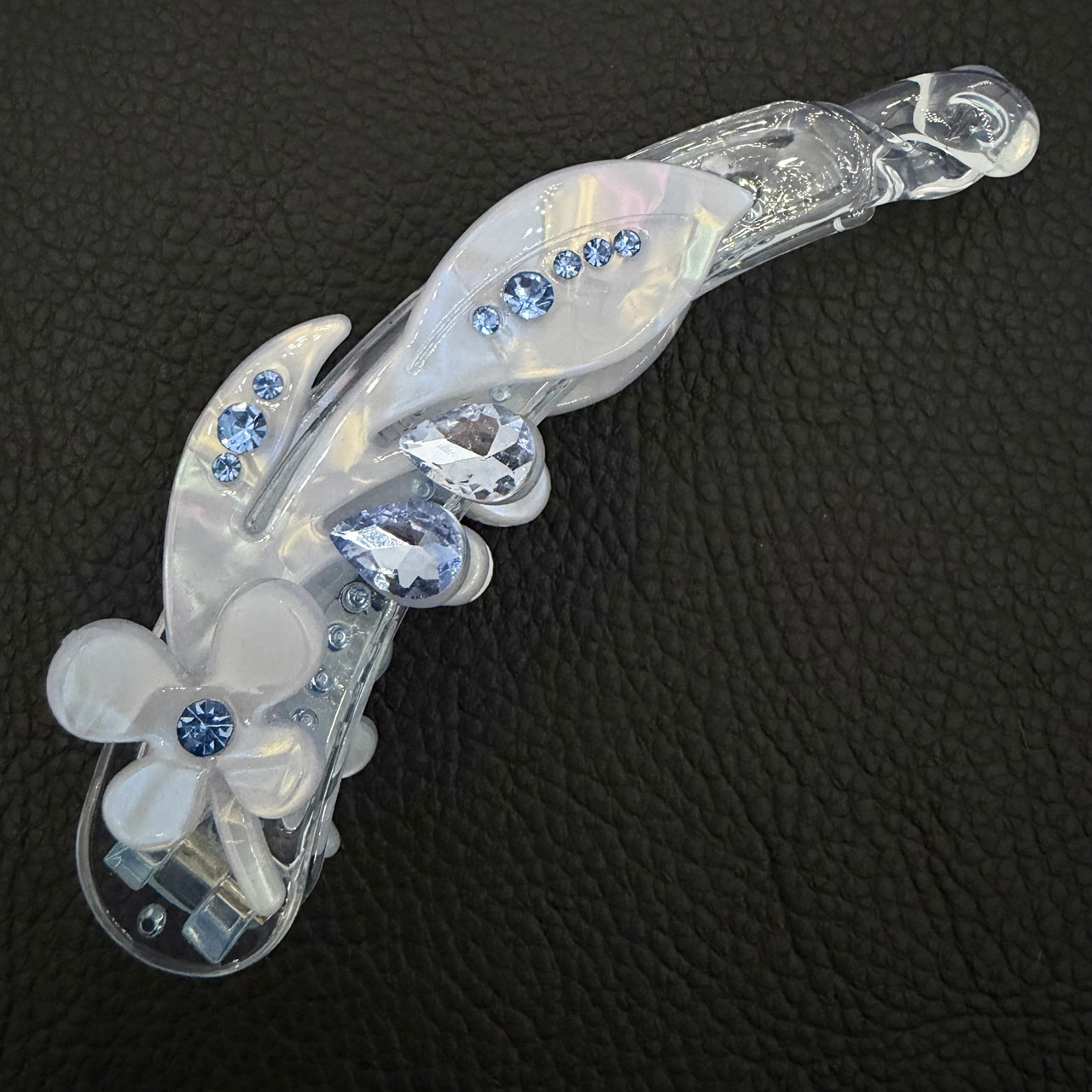 Заколка банан для волос французский пластик голубого цвета с переливающимися кристаллами размер 10 см высота 2.5 см