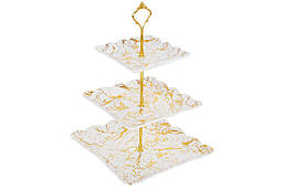 Фруктовниця порцелянова триярусна Мармурова Розкіш 37см, колір - білий із золотом