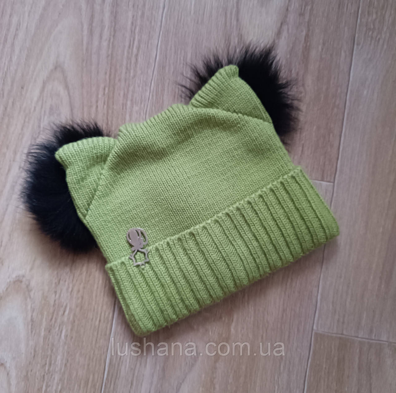 В'язана шапка на флісі Redan на дівчинку, One size, 4-8 років, вушка, хутряні помпони, фото 1