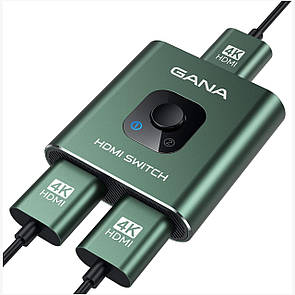Двонапрямний HDMI Switch GANA 4K@60 Гц 2 in 1 out / 1 in 2 out, HDMI 2.0 сумісність xbox ps5 ps4 зелений