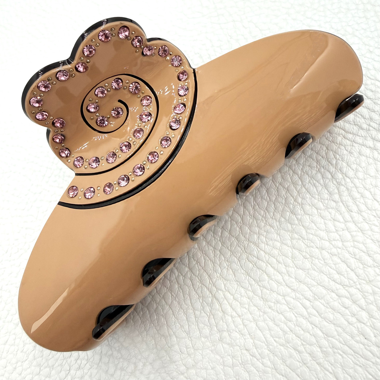 Краб для волос прочный французский пластик персикового цвета с розочкой с розовыми камушками ширина 5 см длина 9.5 см