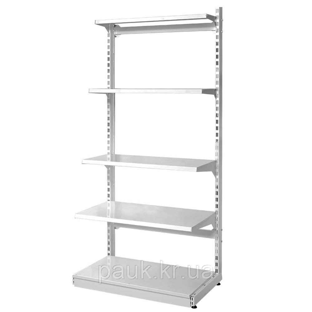 Пристінний стелаж зі стяжками 2100х950 мм, приставний стелаж Рістел, білий торговий стелаж, стелаж для взуття, стелаж для іграшок, фото 1