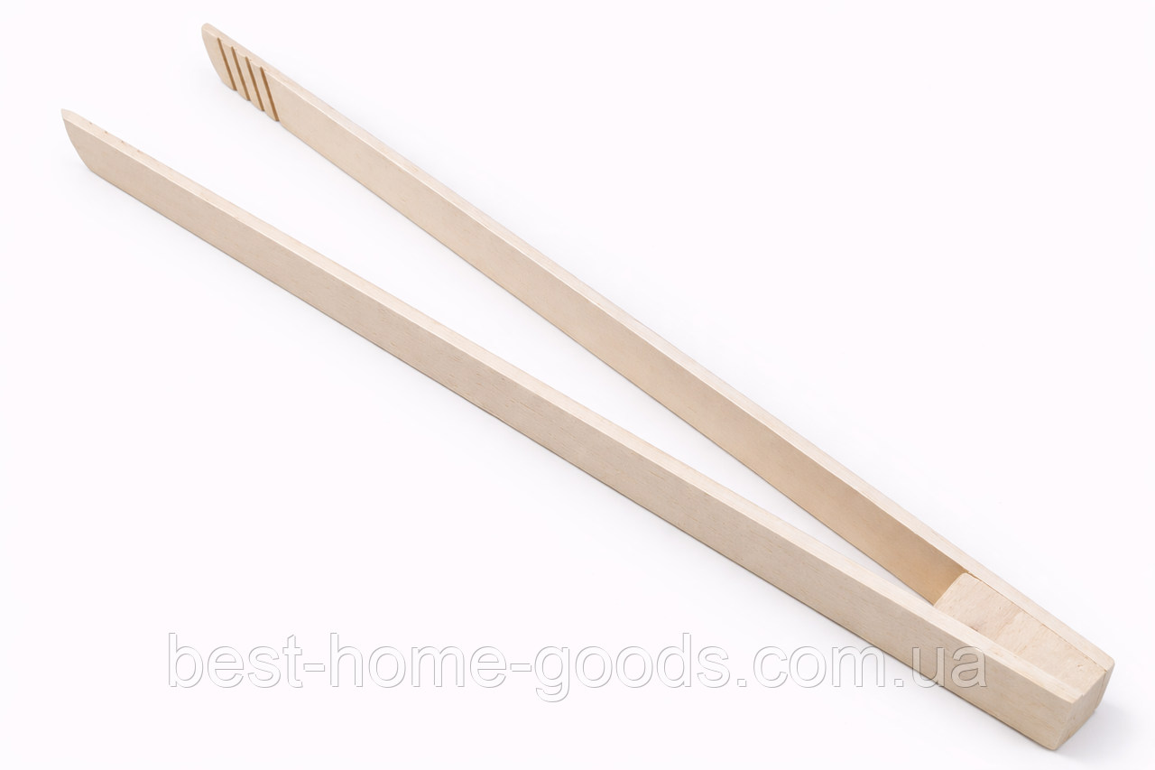 Кухонні дерев’яні щипці з бука 32 см — рівні вузькі щипці для гриля та барбекю, міцні, екологічні, фото 1