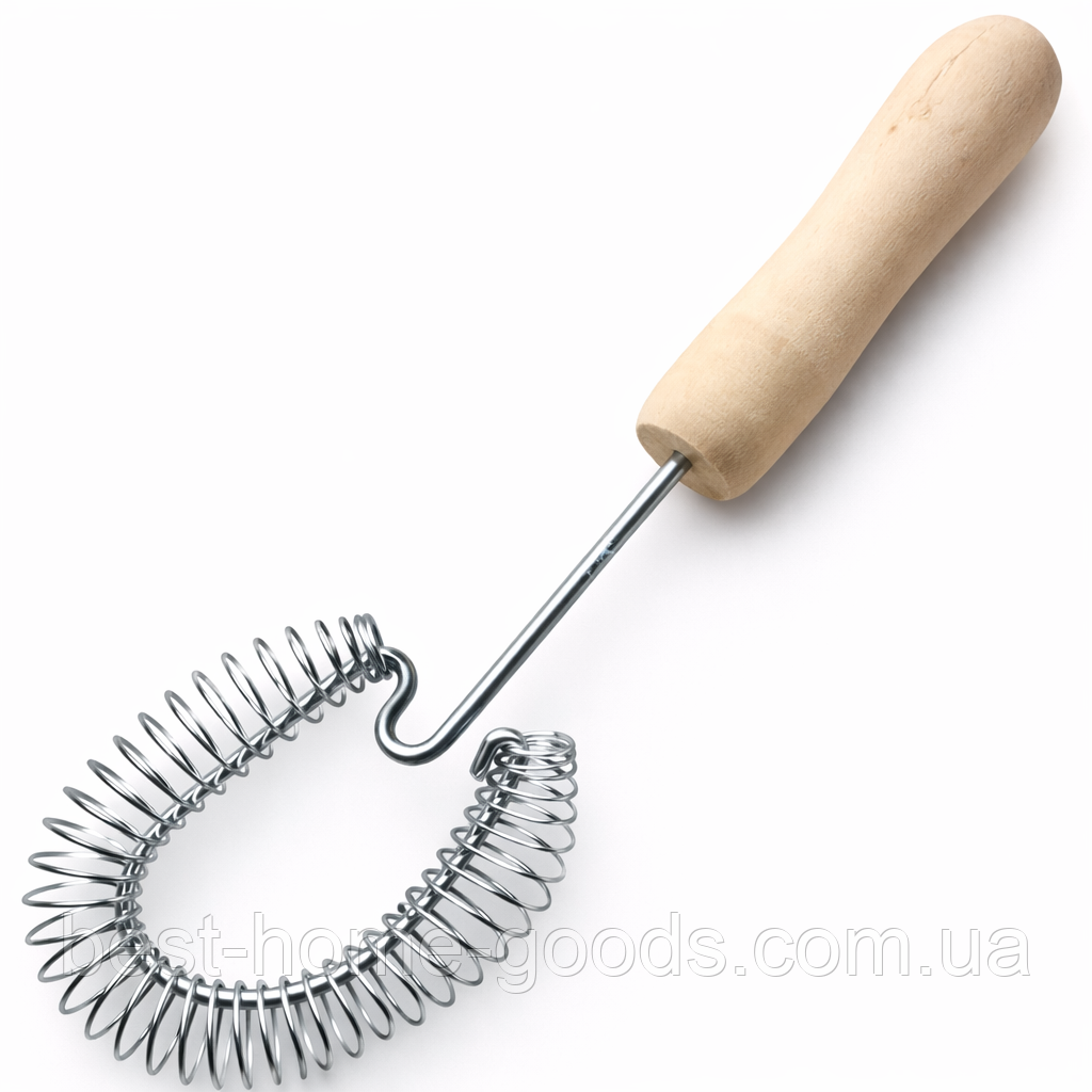 Спіральний віночок для збивання з дерев’яною ручкою – кухонний ручний інструмент 28 см для тіста, яєць і соусів, фото 1