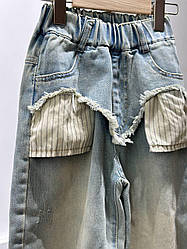 Джинси для дівчинки модні рвані з кишенями в смужку Синій A24826, Синій, Для дівчаток, Весна Осінь, 110