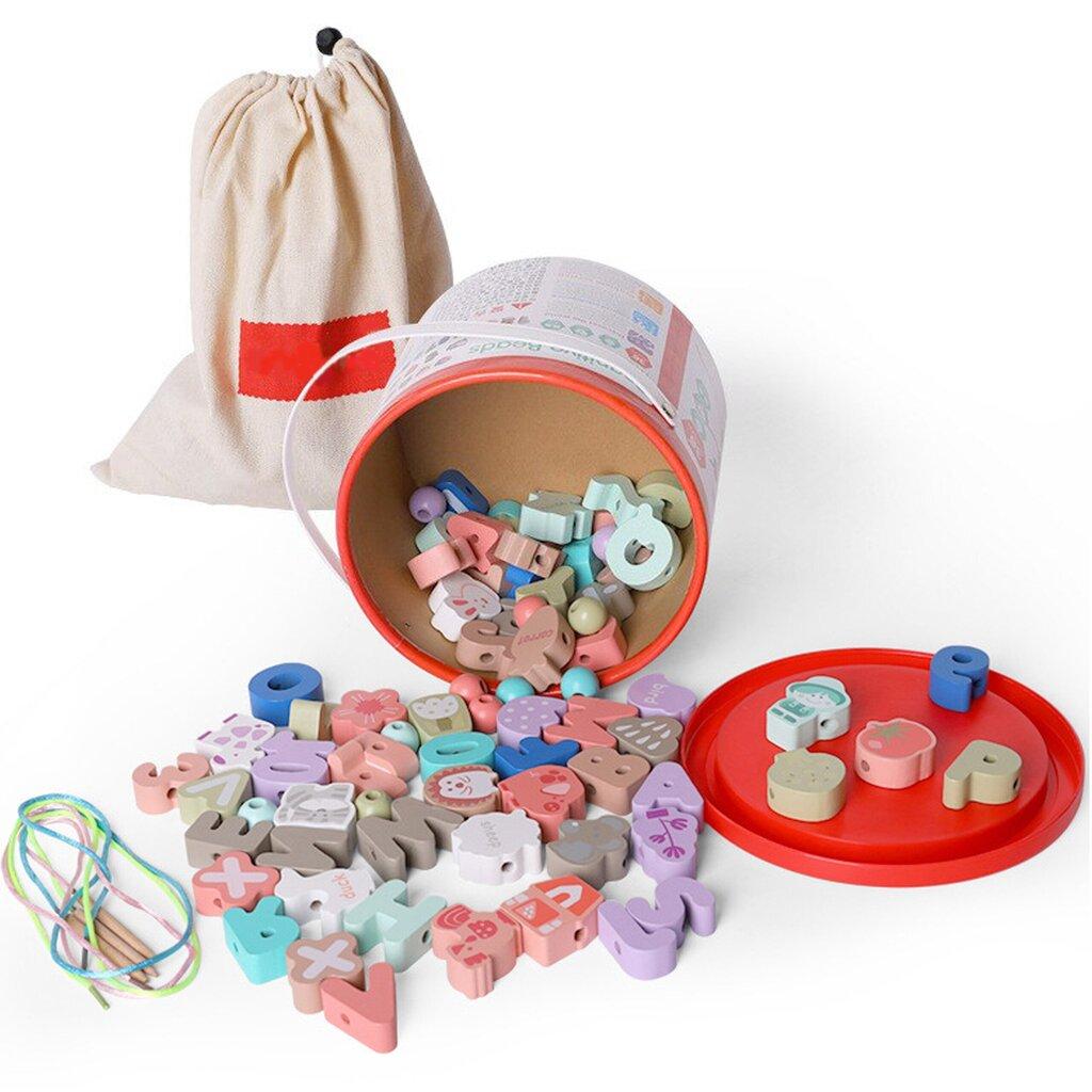 Яскрава дерев'яна шнурівка для раннього розвитку дитини вчить уважності та тренує моторику Літери цифри фігури намиста, фото 1
