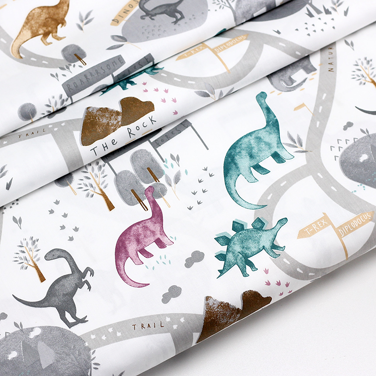 Сатин "Динозаври на дорогах" на білому тлі No SK-160-090, фото 1