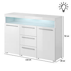 Білий комод з відкритою полицею India 132 см з глянцевим фасадом дверцятами та шухлядами у стилі мінімалізм