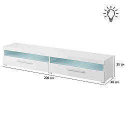 Біла тумба під тв довга India 200 см з глянцевим фасадом та підсвічуванням RGB та LED у стилі мінімалізм
