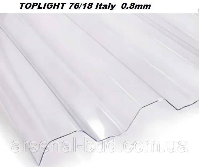 Полікарбонат  монолітний 0.8мм, для навісів, козирків, фронтонів, TOPLIGHT 76/18 (Італія) градостійкий, прозорий  1.04Х2м, фото 1
