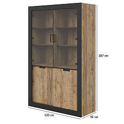 Шафа вітрина для посуду Tudor 120 см дуб самдал та чорний мат чотиридверна у стилі лофт
