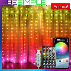 УЦІНКА! Не працює одна лінія Смарт гірлянда штора + пульт, від USB, 3х2м, 200LED, Bluetooth, SFK-05, Різнокольорова