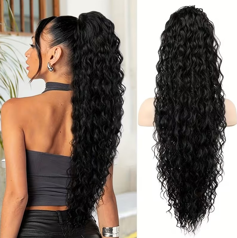 Шиньйон афро чорний густий з термоволокна на крабі з можливістю регулювання 67 см, фото 1