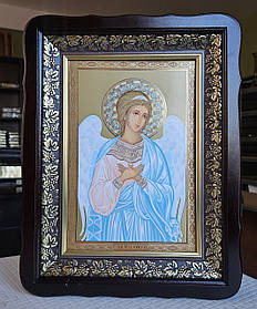 Ікона Ангел Хранитель у темному дерев'яному фігурному кіоті під склом, розмір кіота 39*29, сюжет 20х30.