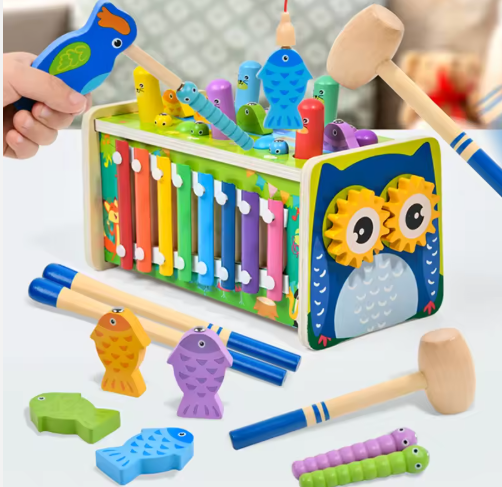 Логічний розвиваючий модуль іграшка дерев'яна в дитячу для малюків 5в1 Стукалка ксилофон лабіринт годинник Гра ударь крота, фото 1