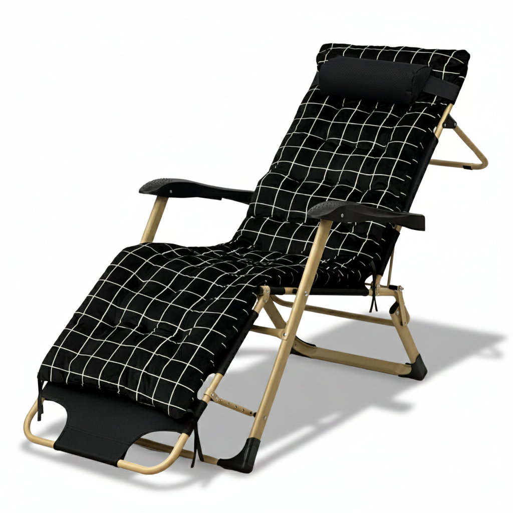 Розкладне крісло шезлонг | Чорний | навантаження до 150 кг | з оксамитовим матрацом і подушкою | LEOBRO LB-FCB-G5-PAT | для дому,