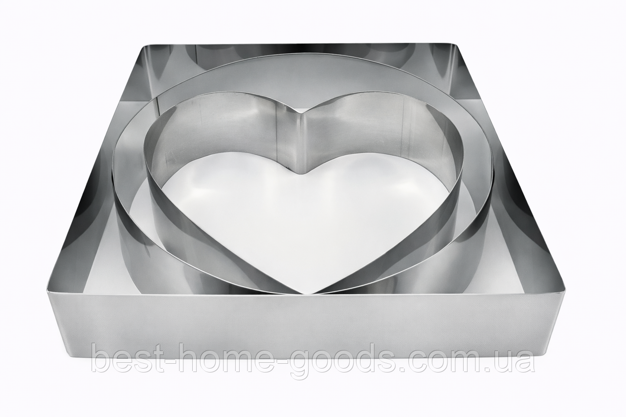 Набір фігурних форм | для тортів салатів десертів | 3 шт | нерж. сталь | асорті | квадрат 20 см коло 19 см серце 16 см | 5 см, фото 1