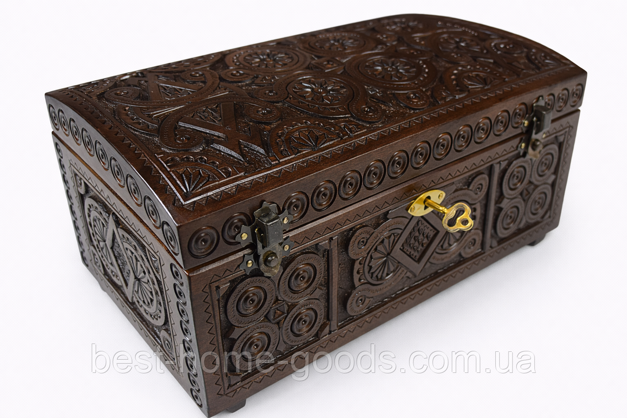 Різьблена дерев’яна шкатулка з горіха 24×12.5×12.8 см | Скринька ручної роботи з оксамитовим дном і механічним замком на ключ, фото 1