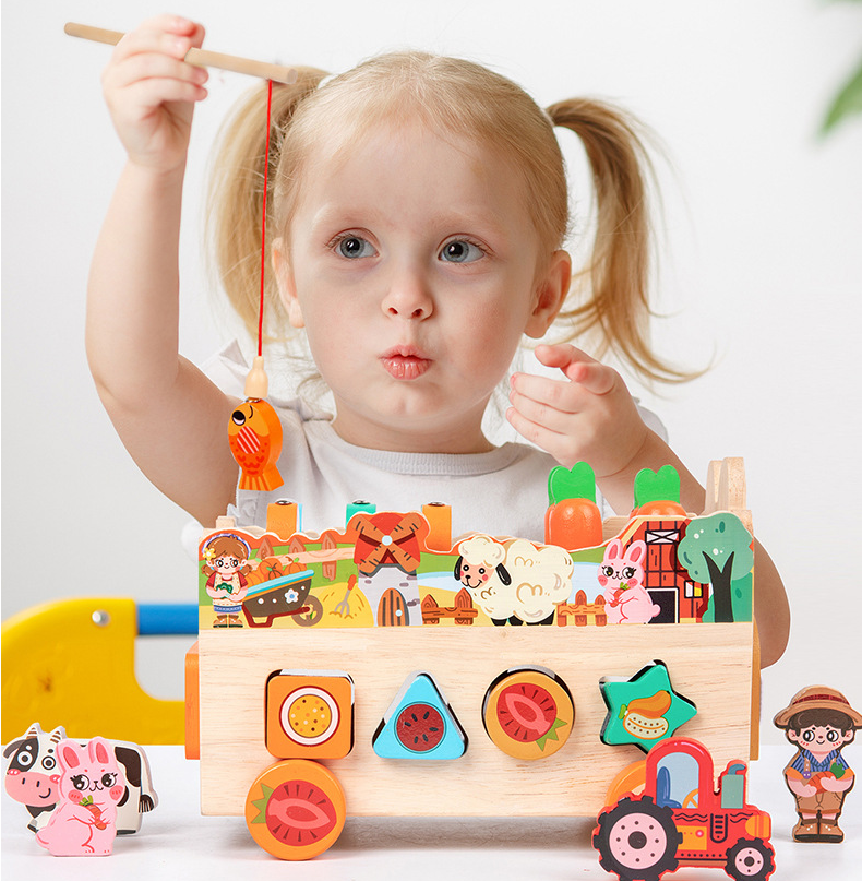 Багатофункціональна дерев'яна іграшка-каталка для дітей 3в1 Сортер з фігурами Гра город магнітна риболовля дістань черв'ячка, фото 1