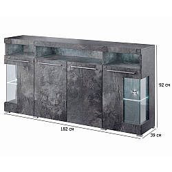 Комод вітрина під камінь з підсвічуванням RGB та LED India 182 см сірий сланець з відкритими полицями та дверцятами