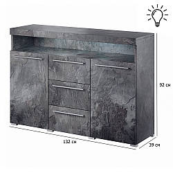 Комод під камінь з підсвічуванням RGB та LED India 132 см сірий сланець з відкритими полицями дверцятами та шцхлядами
