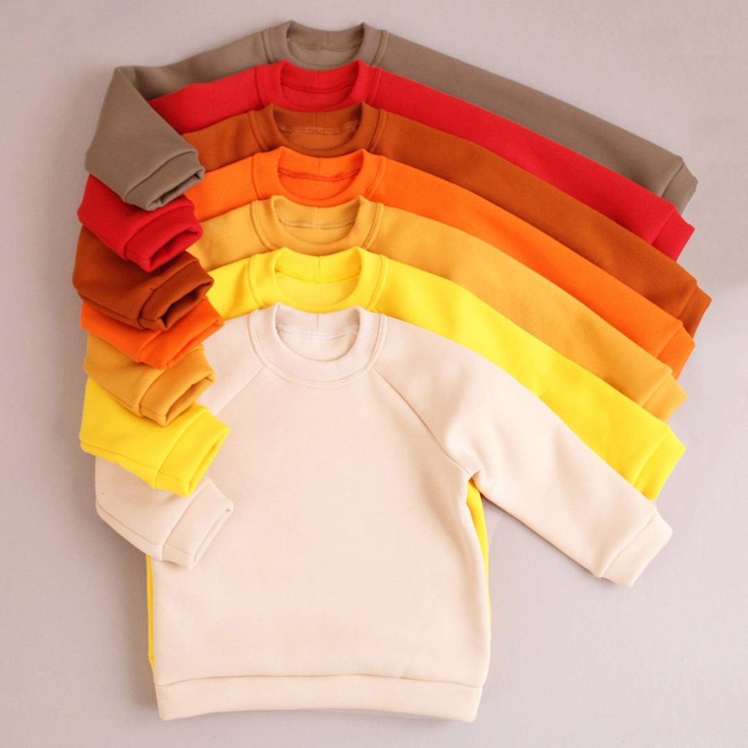 Теплий дитячий світшот оранжевого кольору однотонний з тринитки з начісом базова модель реглан розміри 92–140