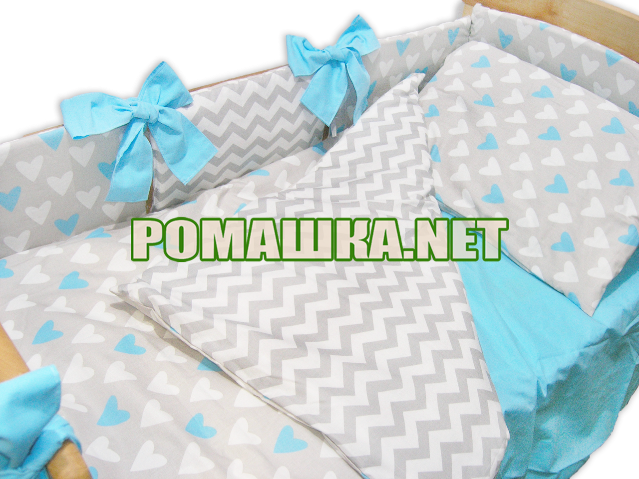 Комплект постельного белья для новорожденного 7 элементов с бортики подушечками одеяло 120х90 см 3388 Голубой - фото 2 - id-p493207818
