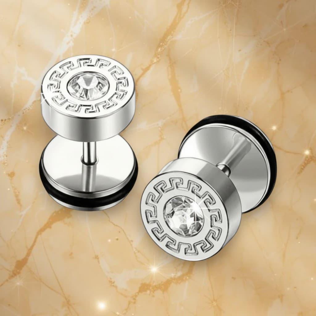 Жіночі та чоловічі сережки-гвоздики сріблясті з титанової хірургічної сталі з білим фіанітом грецький візерунок 9 мм, фото 1