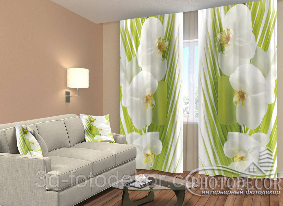 3D Фото Штори "Пальмова гілочка і орхідеї" 2,5м*2,6м (2 полотна по 1,30м), тасьма, фото 1