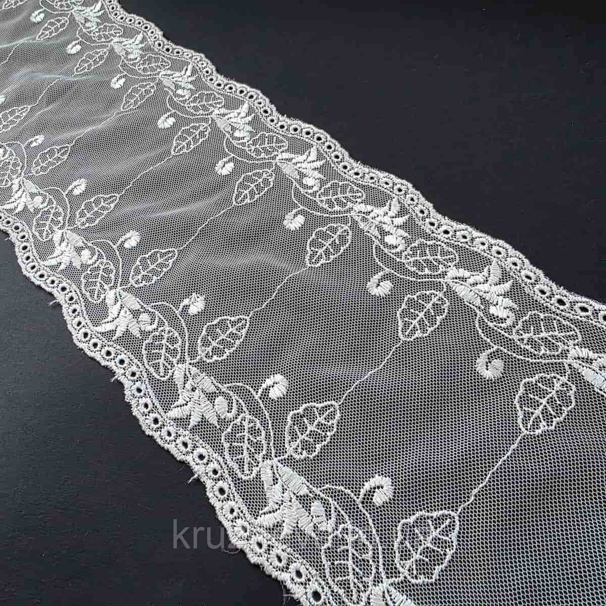 Ажурне мереживо вишивка на сітці: теплого білого кольору сітка, біла нитка, ширина 15 см, фото 1
