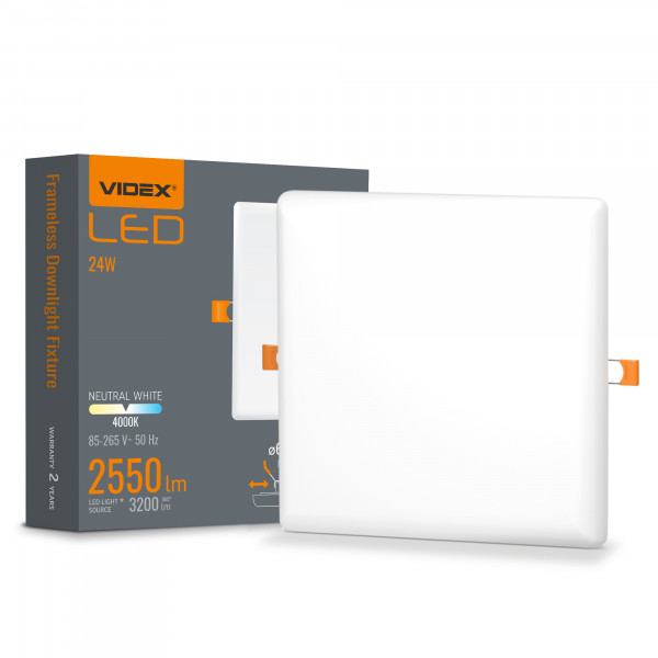 LED світильник безрамковий квадратний VIDEX VLE-DLFS-244 24W 4000K 220V, фото 1