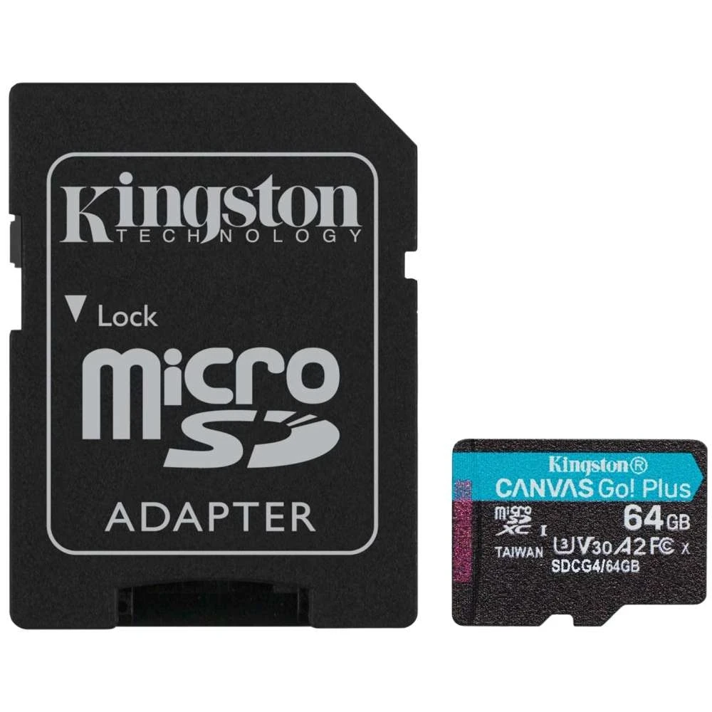 Micro SD 64GB/10 class R200Mb/s U3 V30 A2 Canvas Go! Plus Kingston+ Adapter (SDCG4/64GB), фото 1