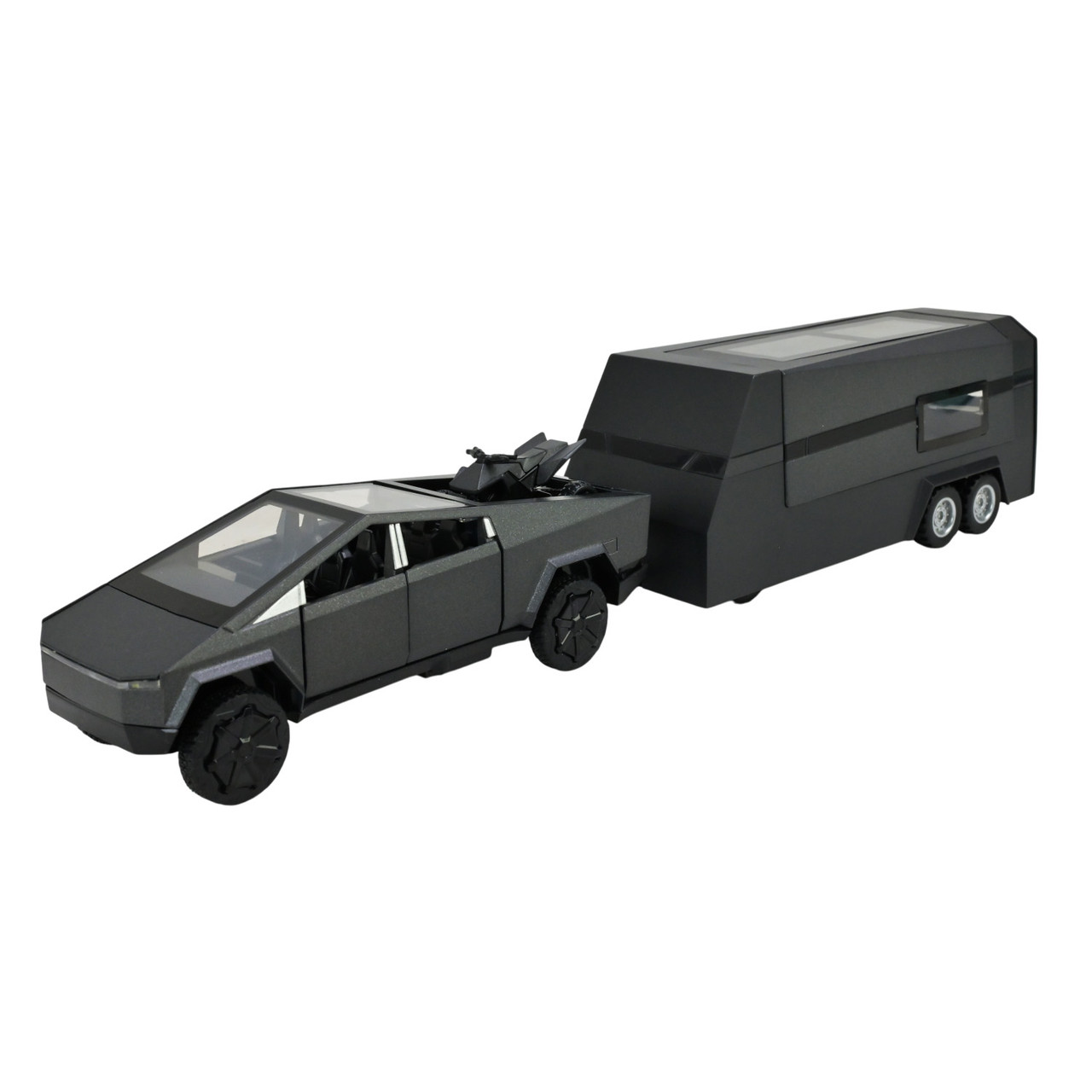 Машинка метал Tesla Cybertruck з підсвіткою у причепі квадроцикл чорна Тесла 1:32 звук 34*6,5*7 см (AP74226), фото 1