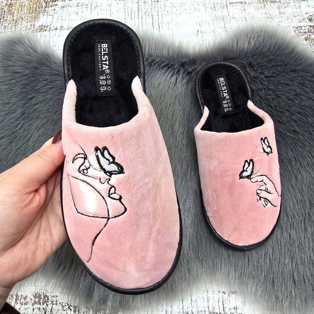 Капці жіночі домашні Белста пудрового із закритим носком велюрові 8289