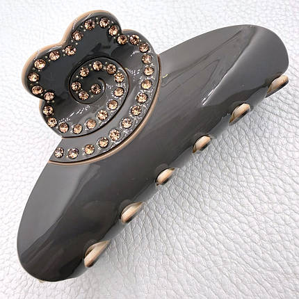 Краб для волос прочный французский пластик теплый серый цвет с розочкой с желтыми стразами ширина 5 см длина 9.5 см, фото 1