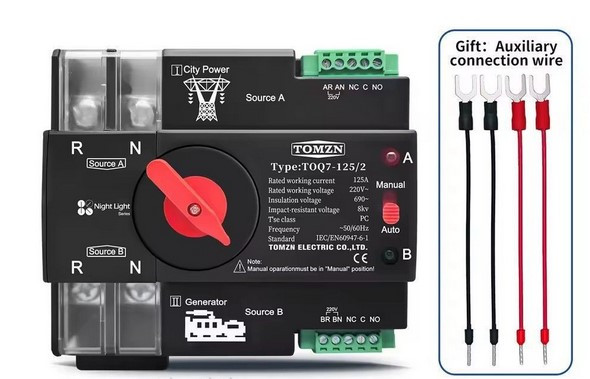 АВР Tomzn Автоматичний перемикач резервного живлення TOMZN 125A 2P 220В однофазний TOMZN TOQ7 Mini ATS, фото 1