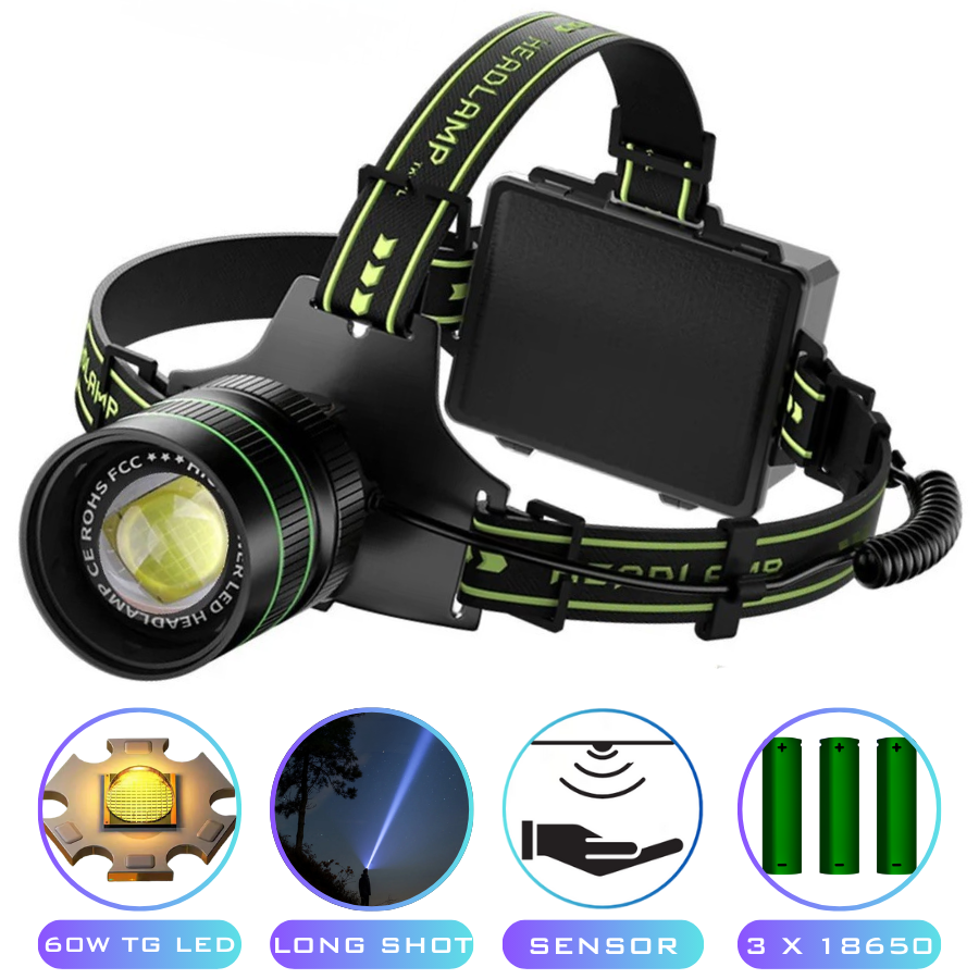 Потужний ліхтар налобний ULTRA LED X1 TG-60 діод (доп підсвітка ззаду), датчик руху, 3x18650