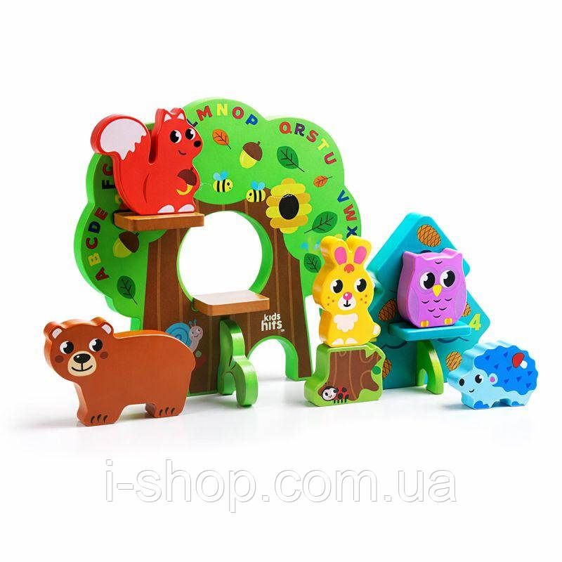 Дерев'яні блоки для дітей Чарівний ліс дитяча розвиваюча іграшка з лісовими звірями 13 деталей, фото 1