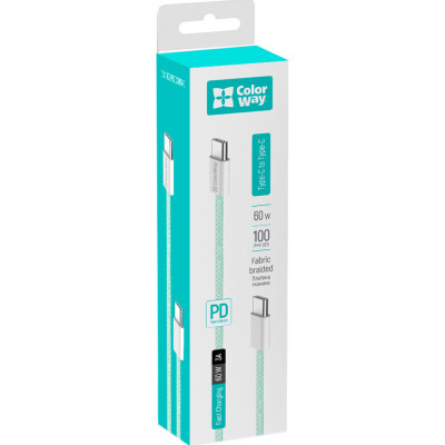 Дата кабель USB-C to USB-C 1.0m 60W 3.0А green ColorWay (CW-CBPDCC061-G), фото 1