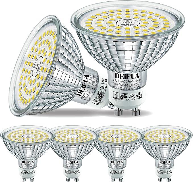 Світлодіодна лампа DEIFUA GU10 10 Вт 5000K Daylight White, 1385 лм, Ø63 мм, без мерехтіння, кут 120°, набір 4 шт., фото 1