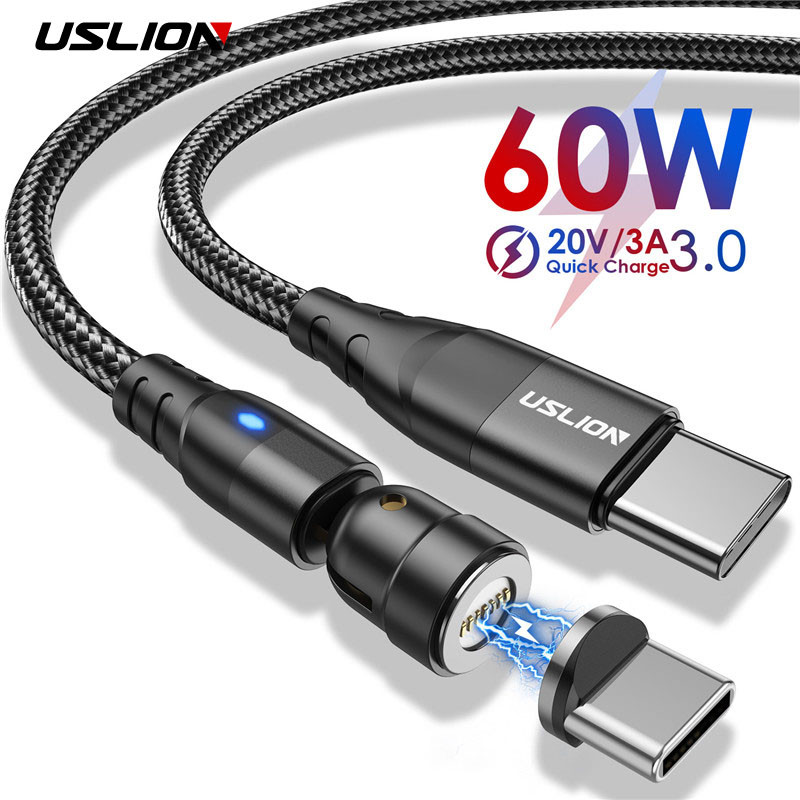 Магнітний кабель USLION з поворотом на 540 градусів, Type-C 60 W (передавання даних/заряджання), чорний, фото 1