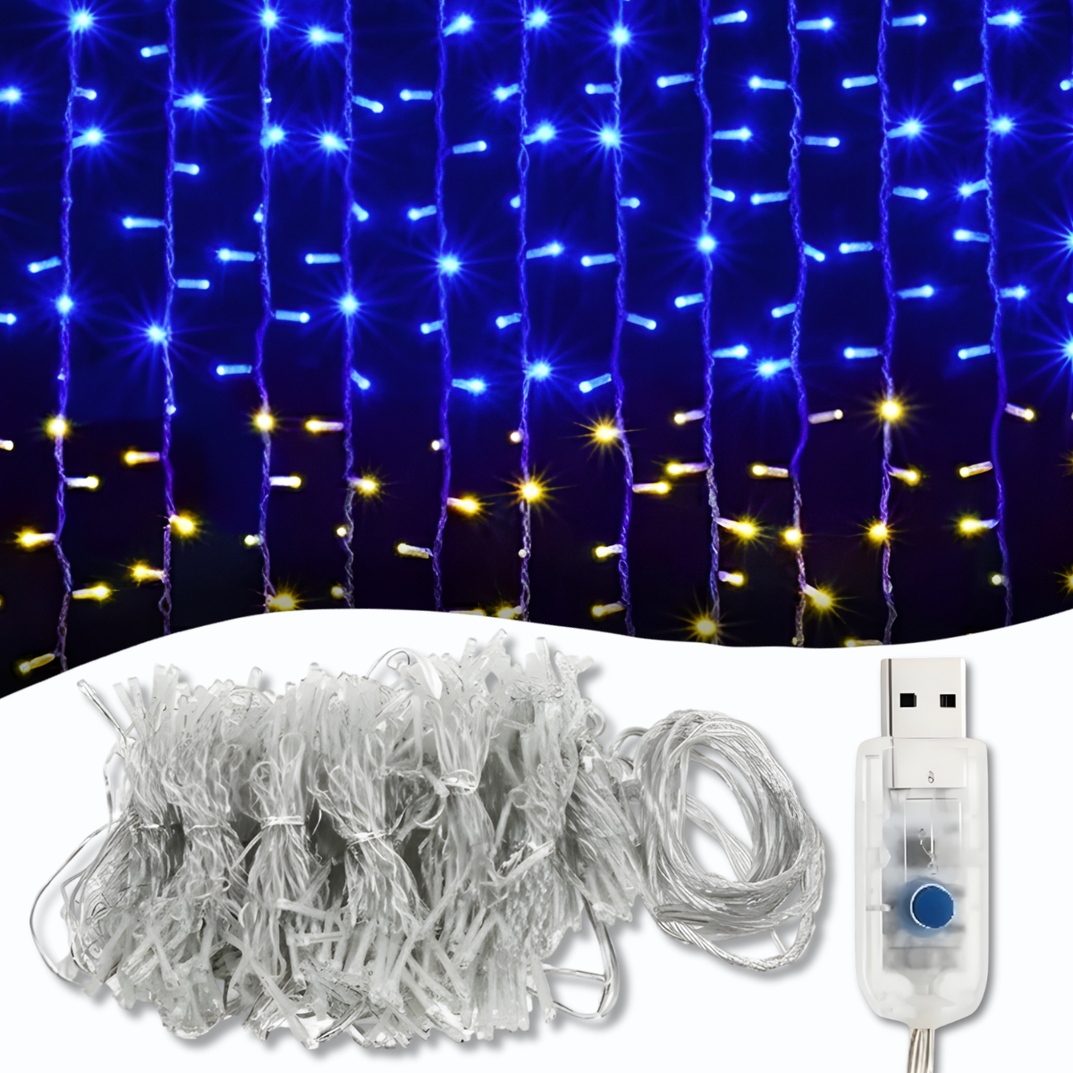 USB Гірлянда штора "Прапор України" 160 LED 2х2м 8 режимів світіння Жовто-блакитне світло, фото 1