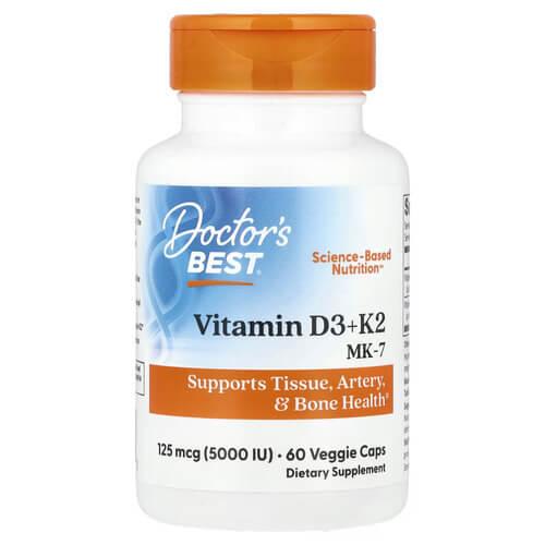 Doctor's Best Vitamin D3 + K2 MK-7 5000IU/100mcg 60 рослинних капсул, фото 1